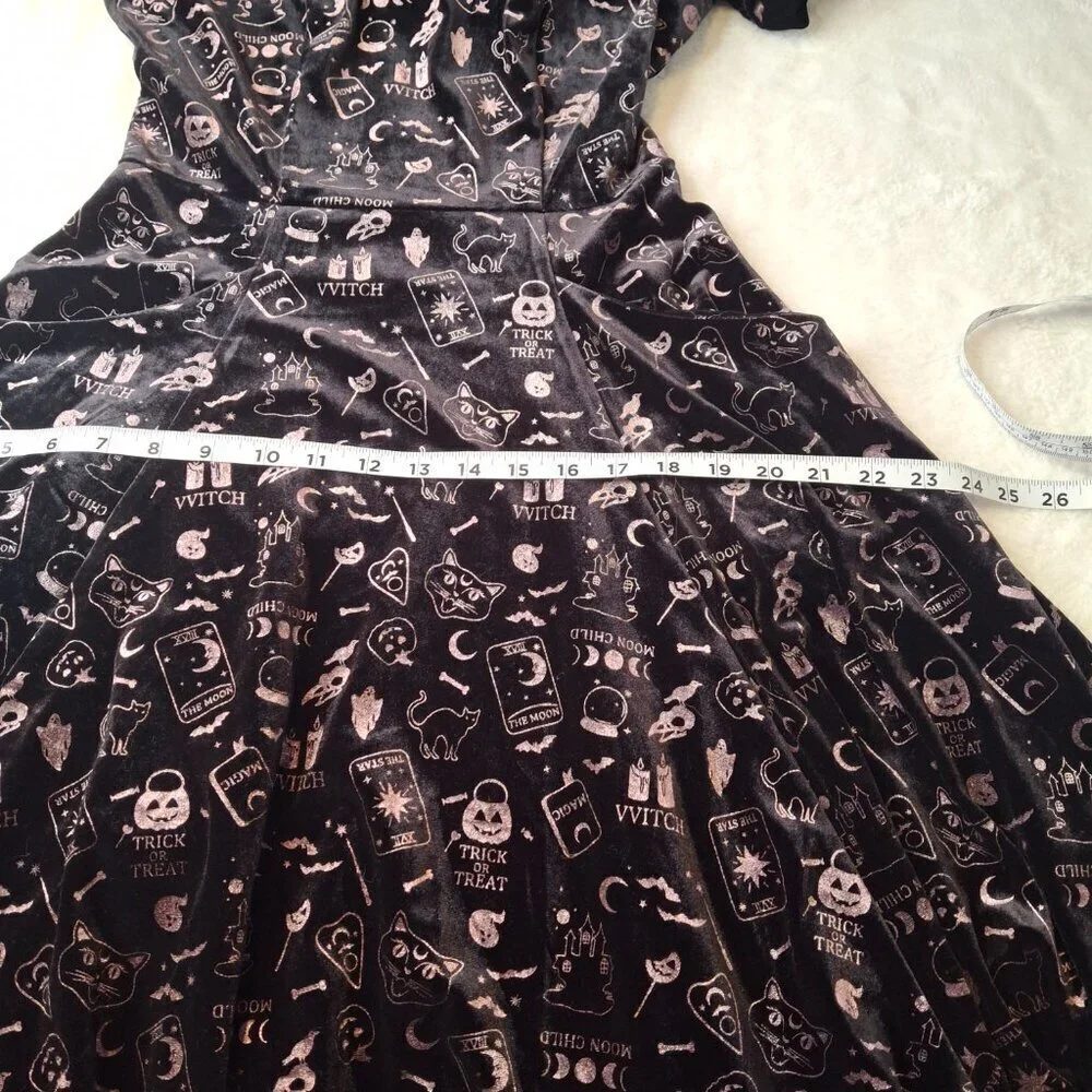 Collectif London Halloween Skater Dress Midi Sz S Velvet Novelty Print Pockets - Picture 13 of 16